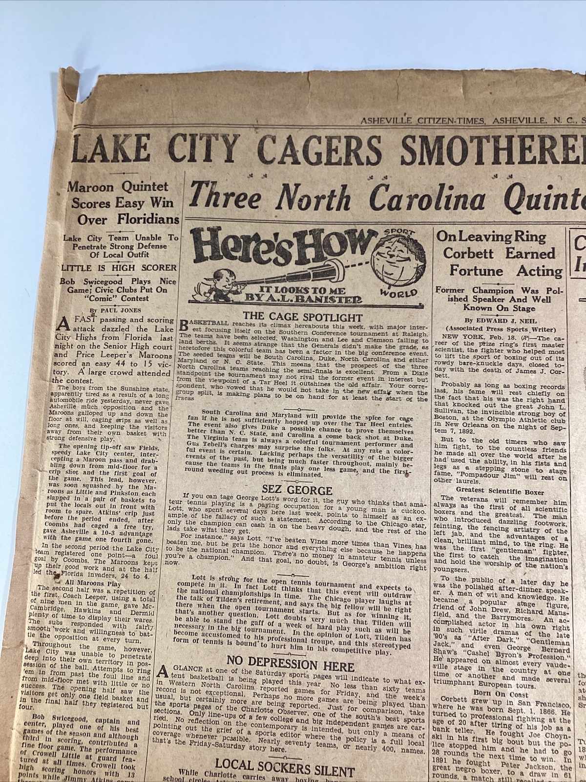 Ashville NC Newspaper Feb 19, 1933 Boxer Jim Corbett Dempsey Lou Gehrig Haverty