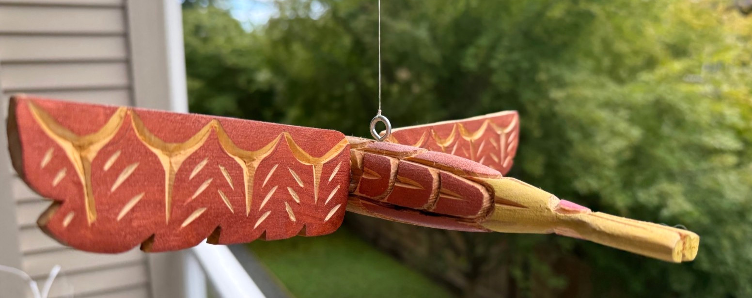 Northwest Coast Native Detailed Yellow Cedar FLYING Hummingbird carving sculptur