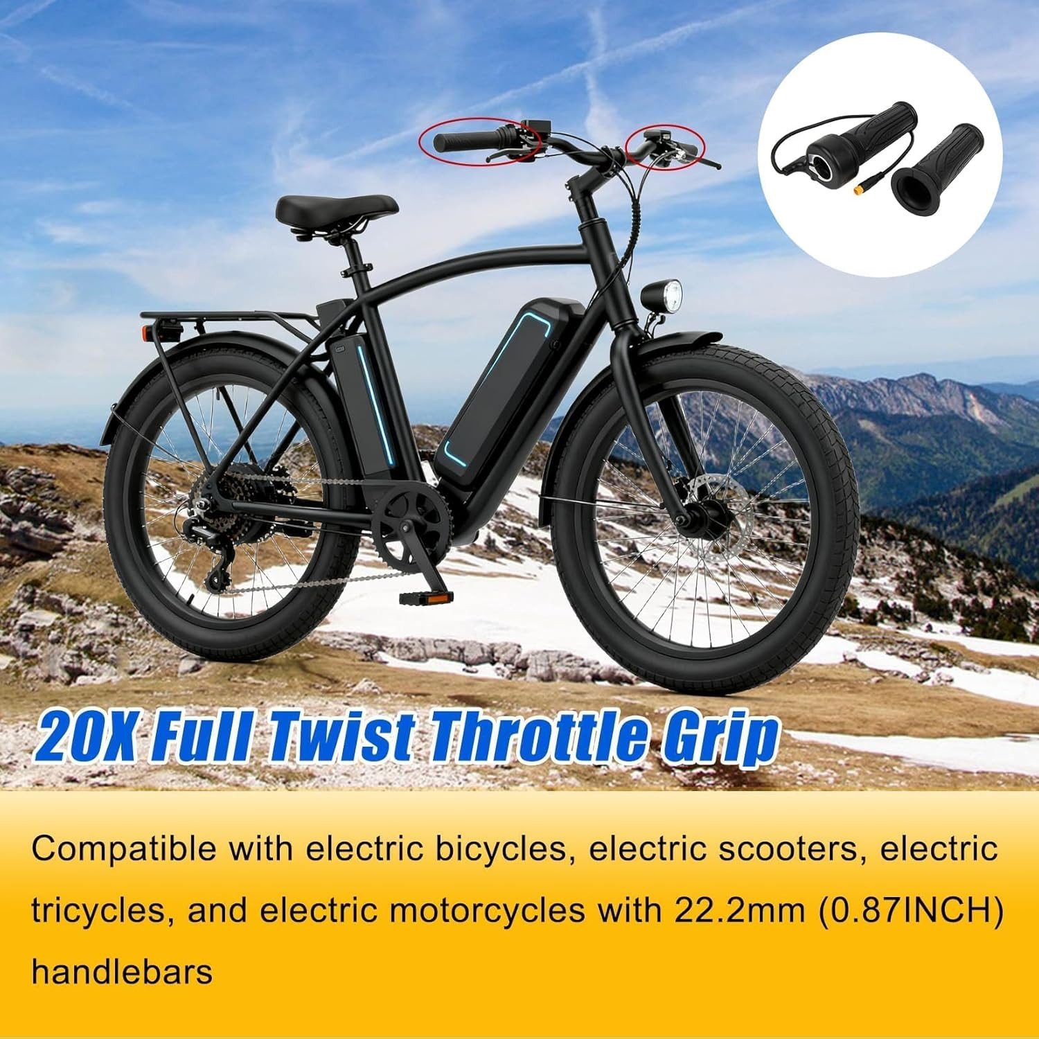 Full Twist Throttle Ebike, 12V-72V 3 Pin Full Twist Throttle for 22.2Mm Handleba