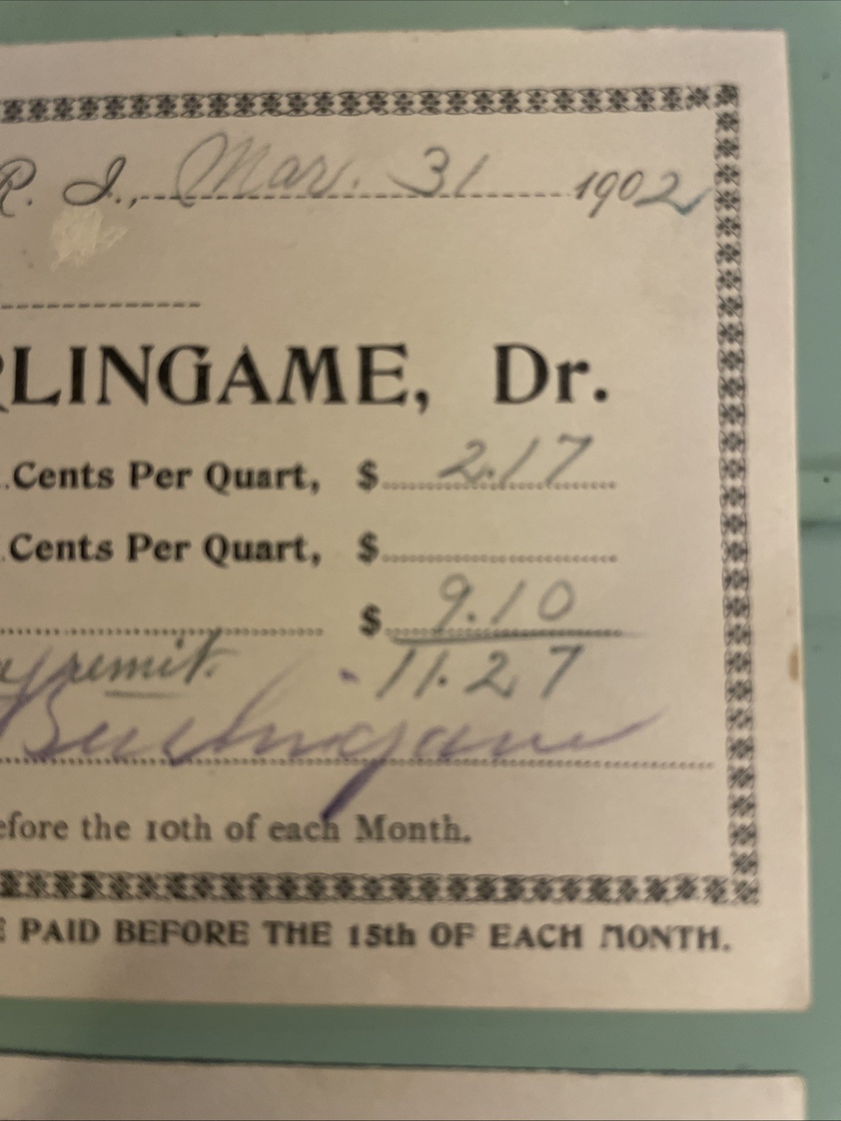 (2) 1902 Johnston Rhode Island Milk Receipts Litho Kids/cow E. B. Burlingame