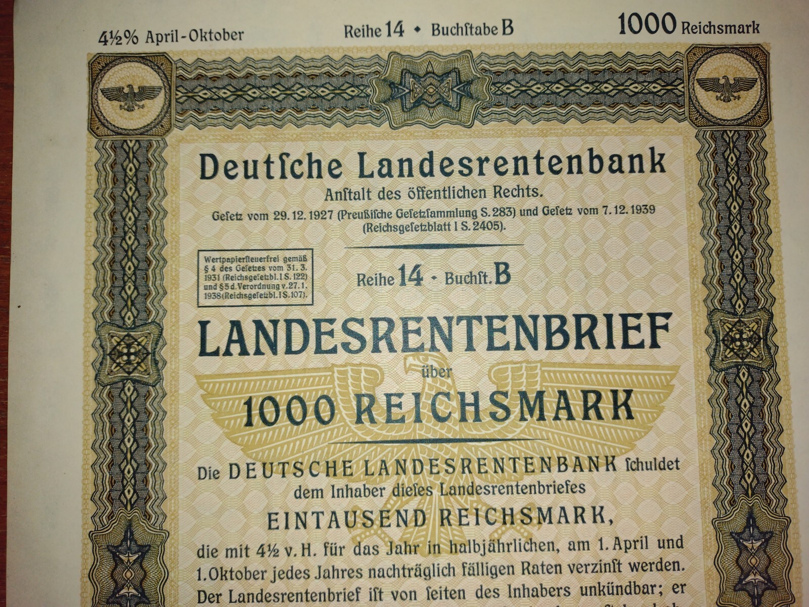 1939 Nazi German 1000 Reichsmark Pension Fund Treasury Bond with Swastika