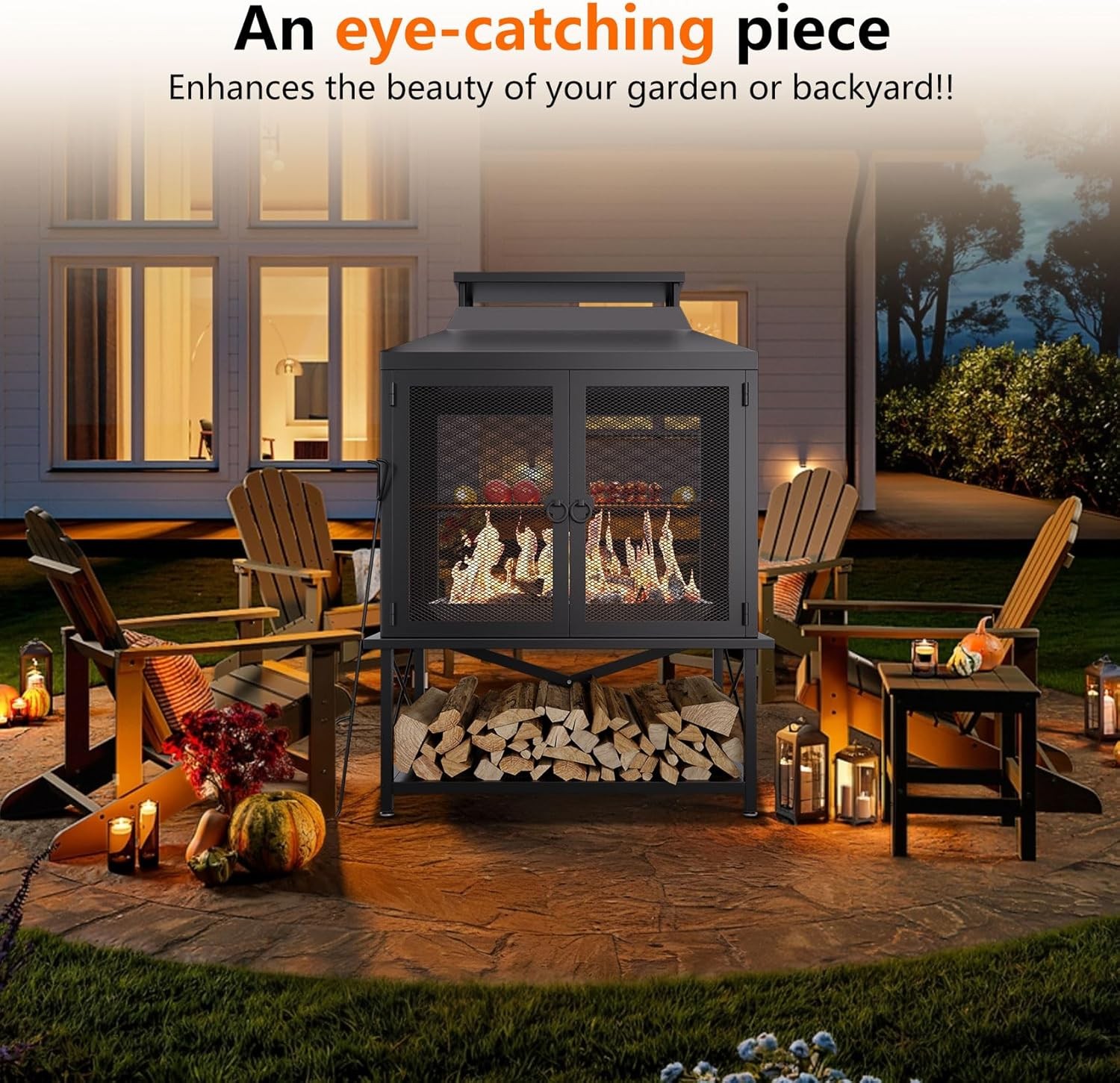 2-in-1 Metal Chiminea Fireplace with Grill with Wood Storage & Chimney for Yards