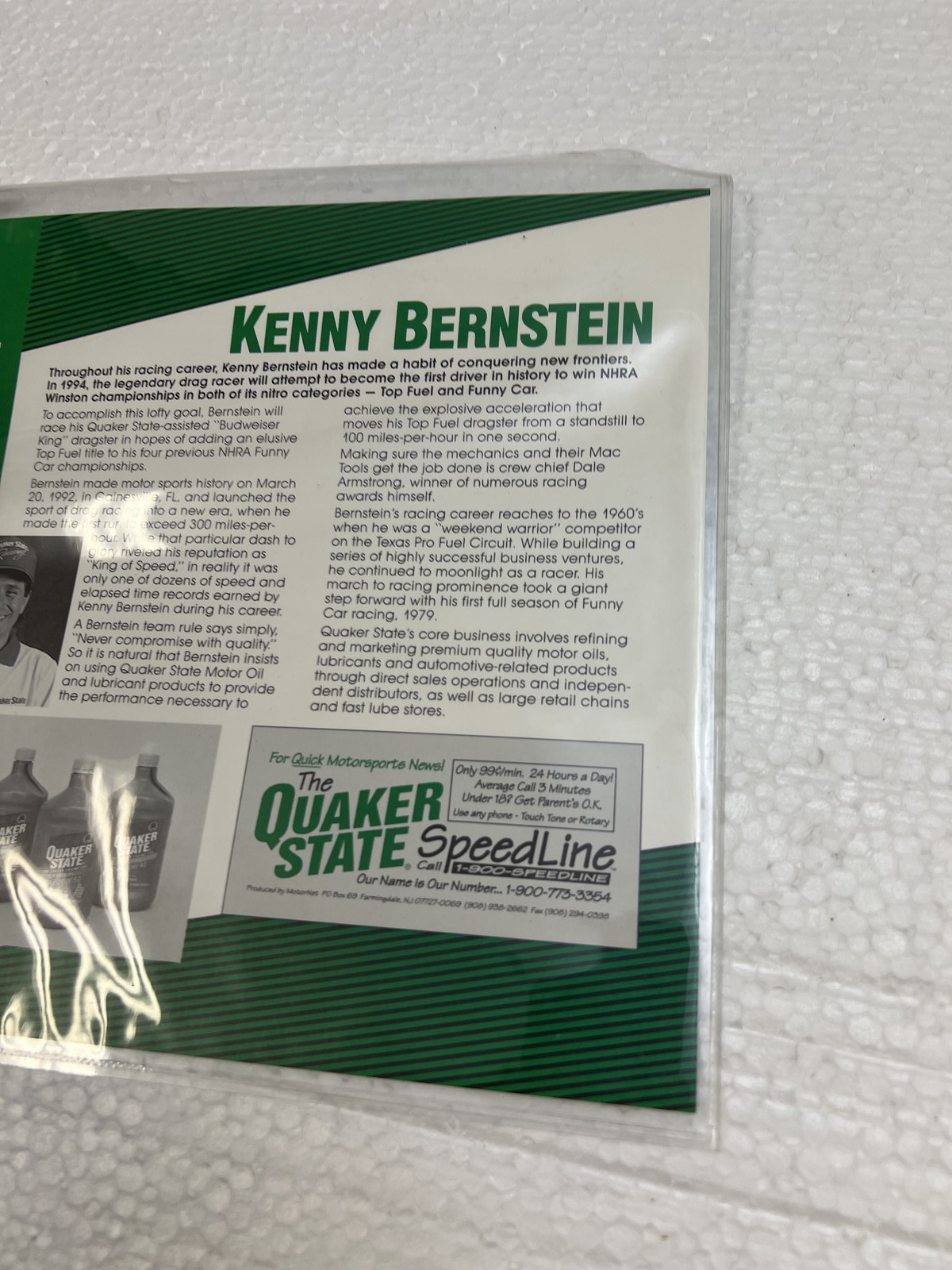 Kenny Bernstein Autographed Quaker State Racing Budweiser King NHRA Drag SIGNED