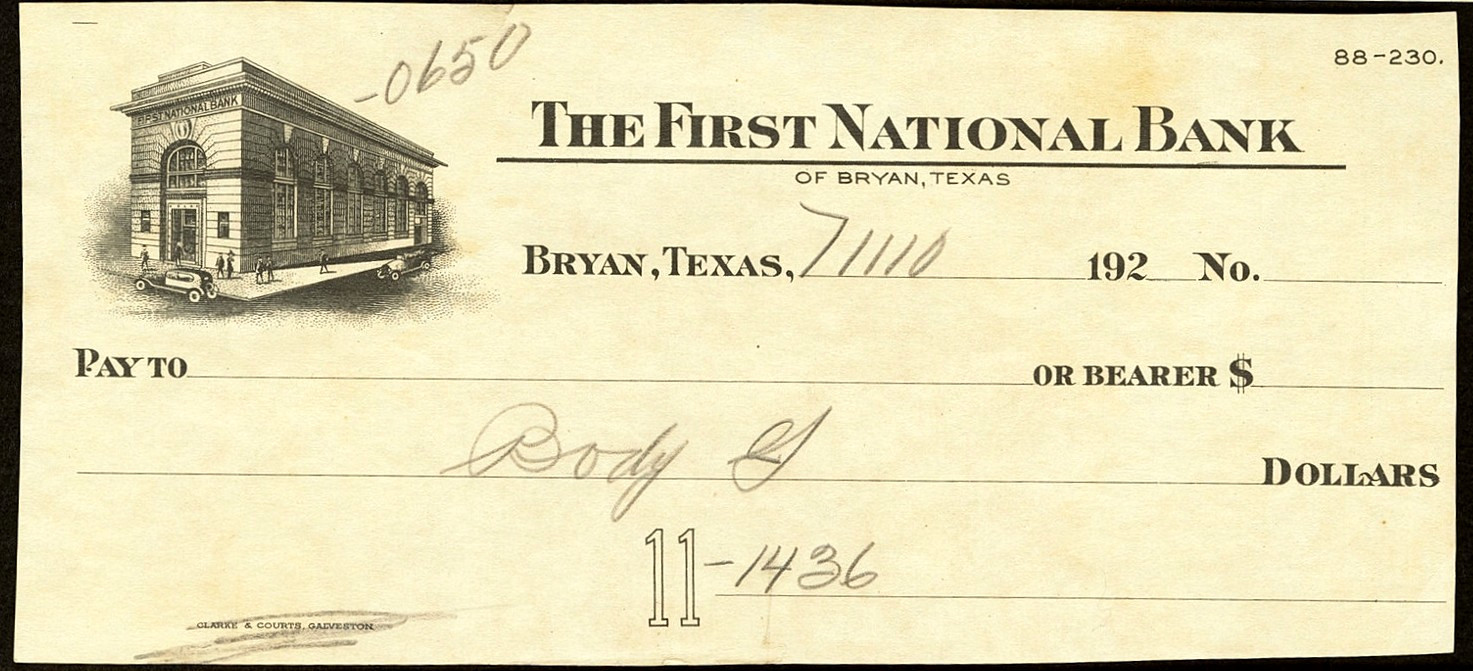 TX BRYAN Brazos County Texas First National Bank 1920s GALVESTON printer check