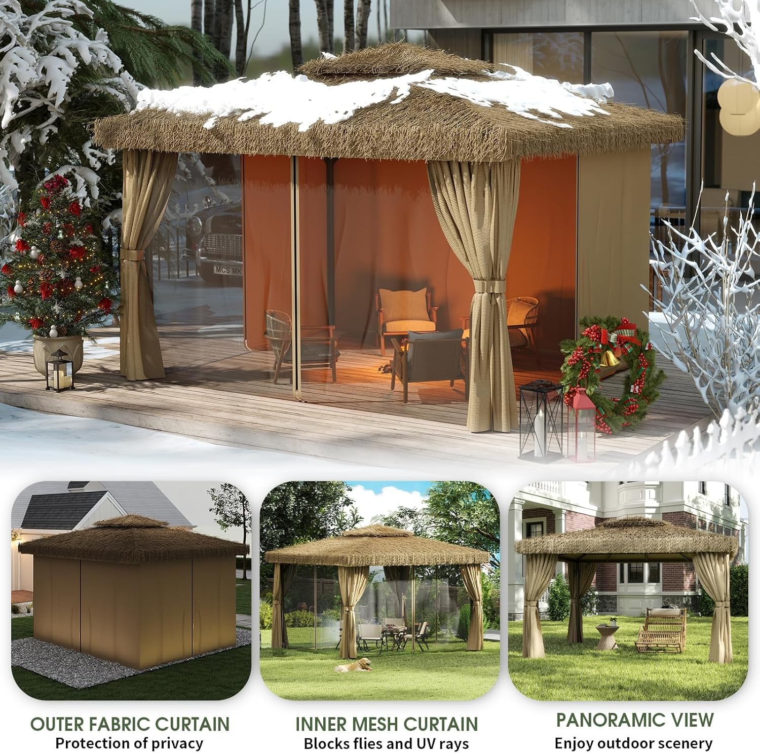 Double Thatched Roof Canopy,Outdoor Aluminum Frame Gazebo with Curtains Netting