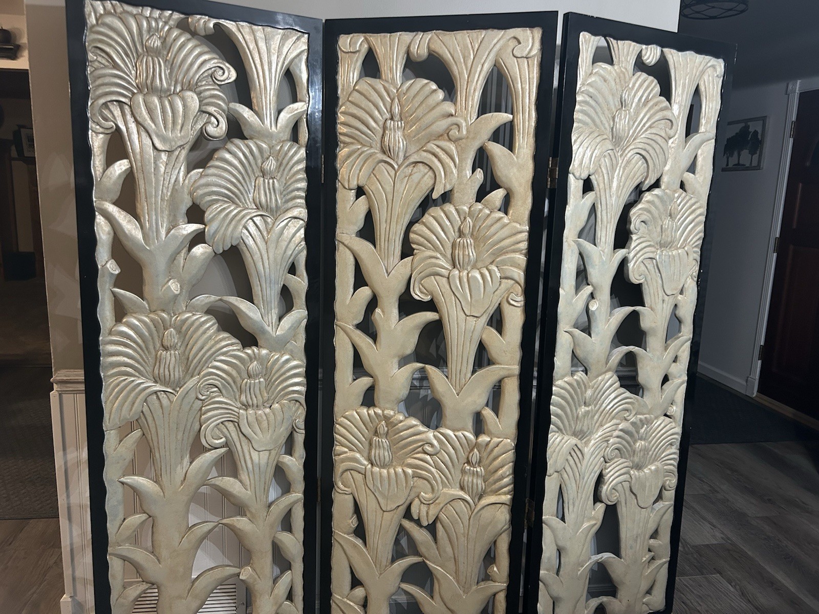 Art Deco Style 3 Panel handcarved solid wood Floral Room Divider Screen heavy