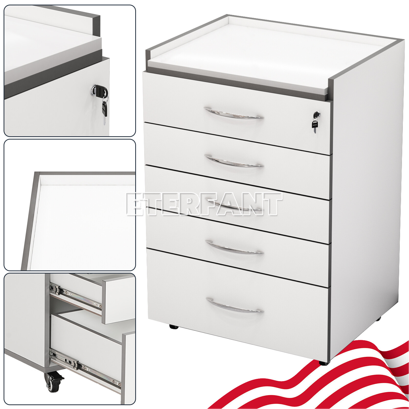 5 Drawers Dental Medical Trolley Cart Acrylic Mobile Wooden Cabinet Rolling Cart