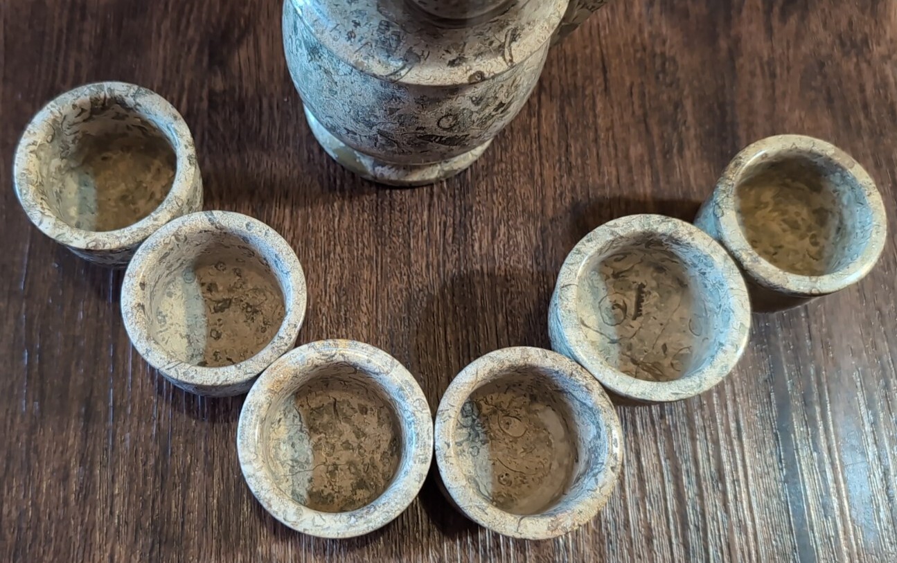 Vtg Marble Stone Tea Set: Pot + Six Cups Gray Brown Marble Patchwork