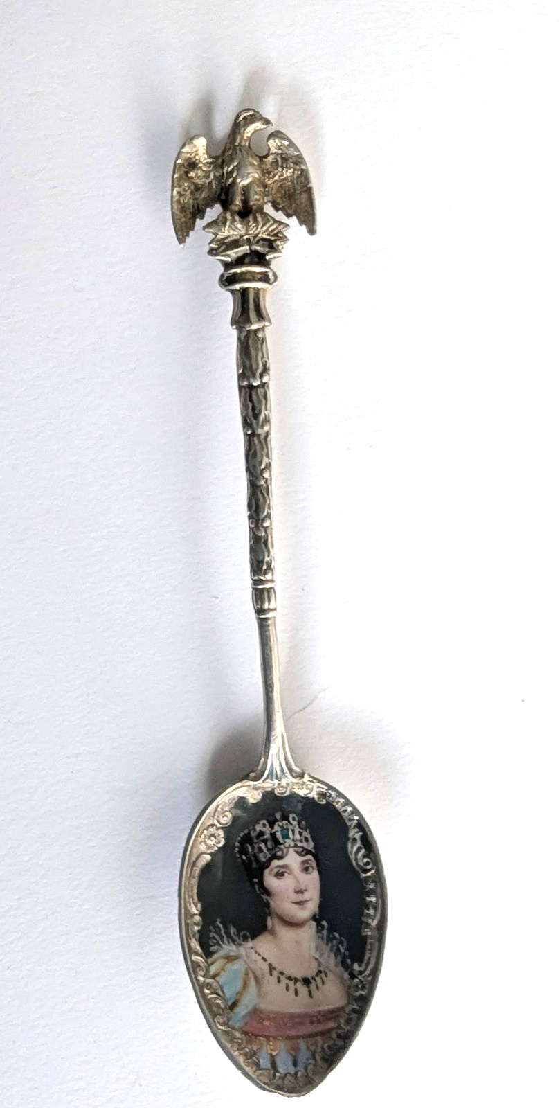 Antique 800 Silver Enamel Queen Spoon Eagle Top Josephine Signed 4.75" Tall