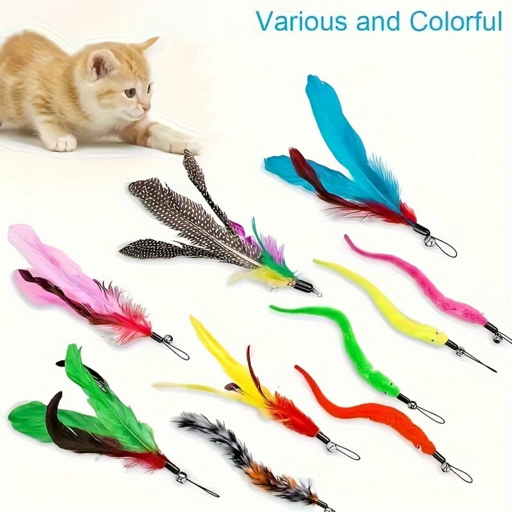 12PCS Kitten Cat Toy Feather Bell 2 Wand 10 Teaser Rod Interactive Play Pet Toys