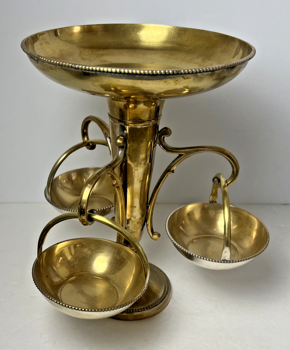 Antique Victorian Epergne Stand Gilt Silverplate Nickel 3 Hanging Bowls 11.5"