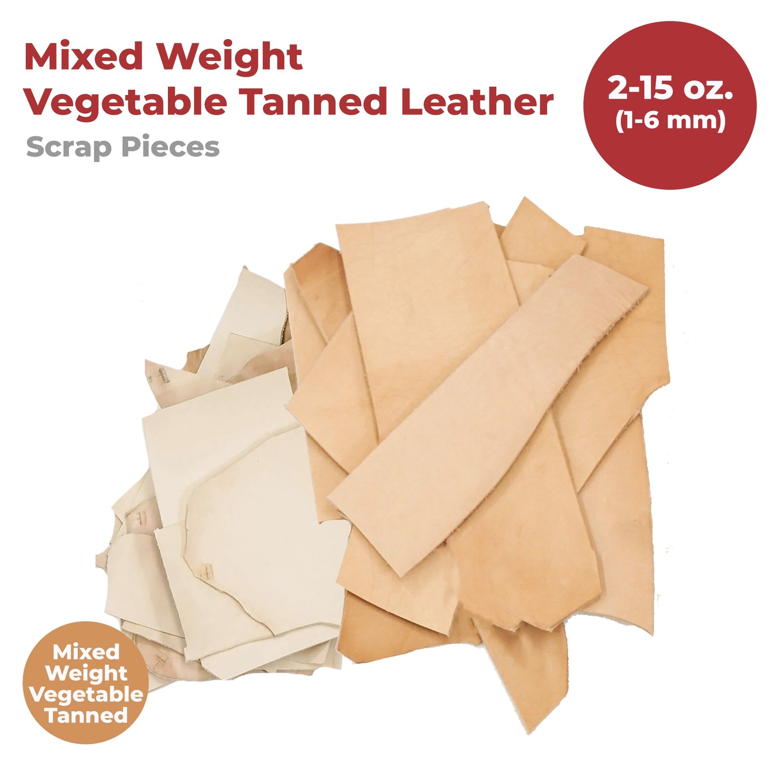 ELW Vegetable & OilTanned Leather Scraps 2-15 oz (1.4-6mm) 1-30 lb Sizes