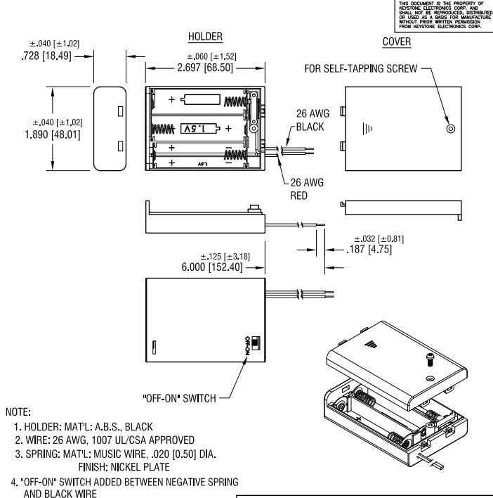 (1 pc) 3 x AA Enclosed Battery Holder with Switch and Wire Leads