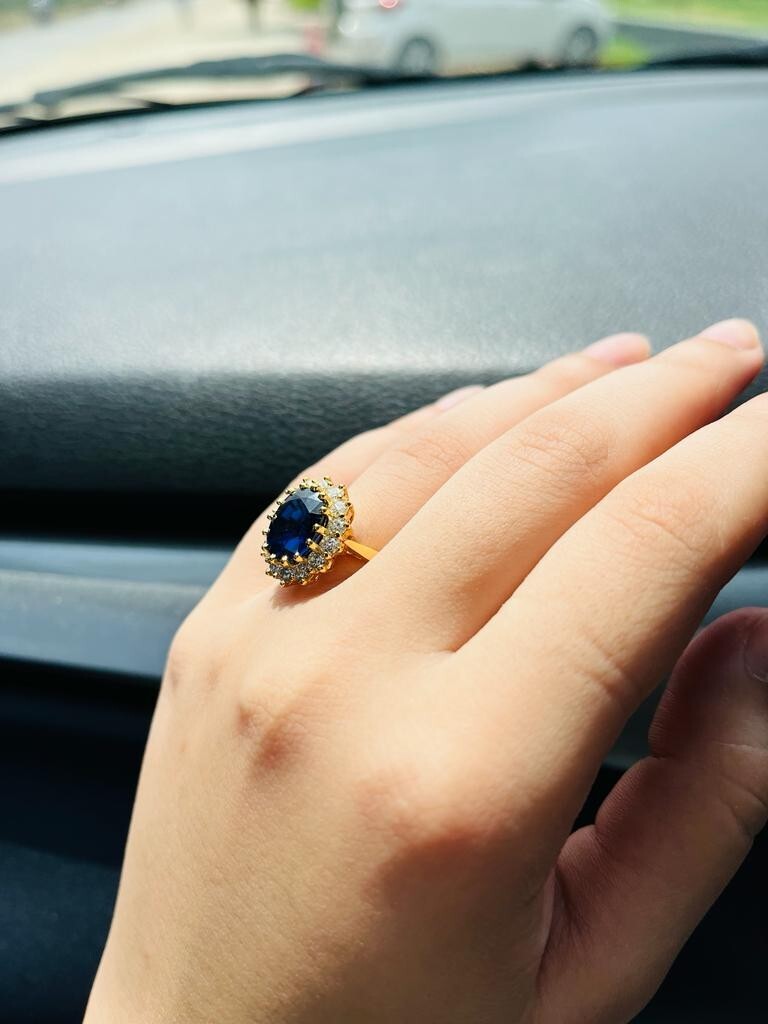 5.50 Ct Real Oval Sapphire & Diamond Diana Princess Ring 14K Solid Yellow Gold 7