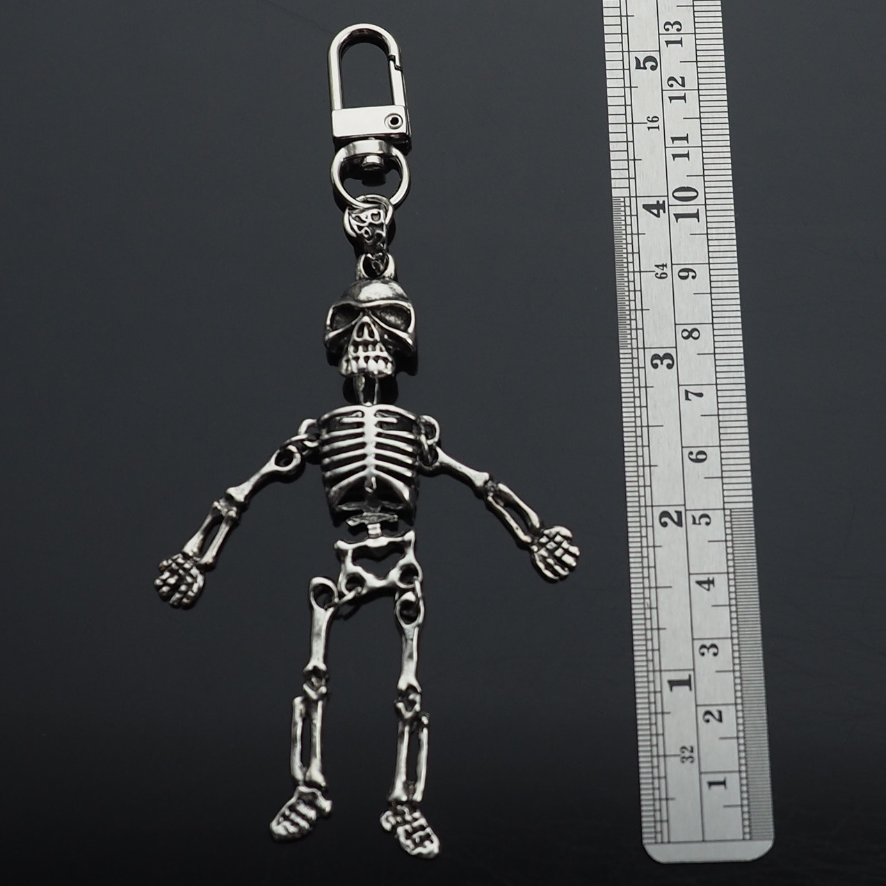Vintage Silver Jointed Skeleton Bones Skull Charm Pendant Key Ring Clip Gift