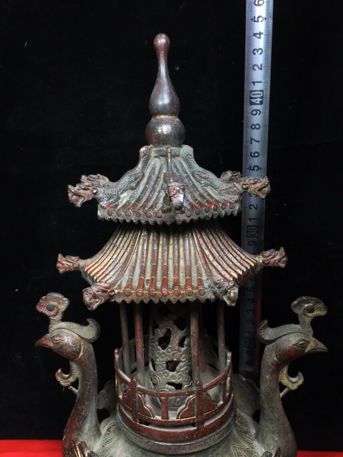 old Chinese Buddhist temple bronze Gilt Crane bird tower Incense Burner censer