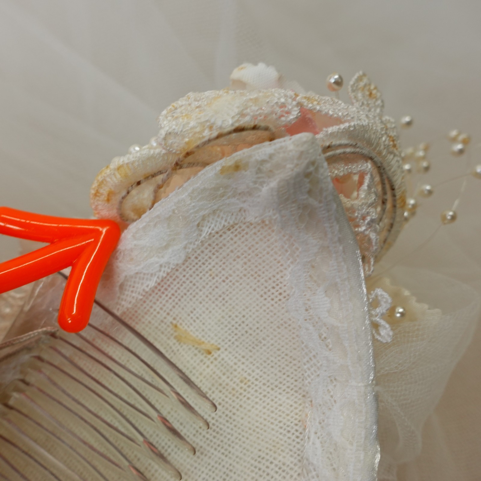 VTG Bridal Veil Headpiece White Floral Pearl Wreath Wedding Juliet Cap Tulle