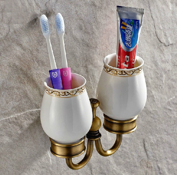 Bathroom Wall Mounted Antique Brass 2 Ceramic Cups Toothbrush Holder 2ba495
