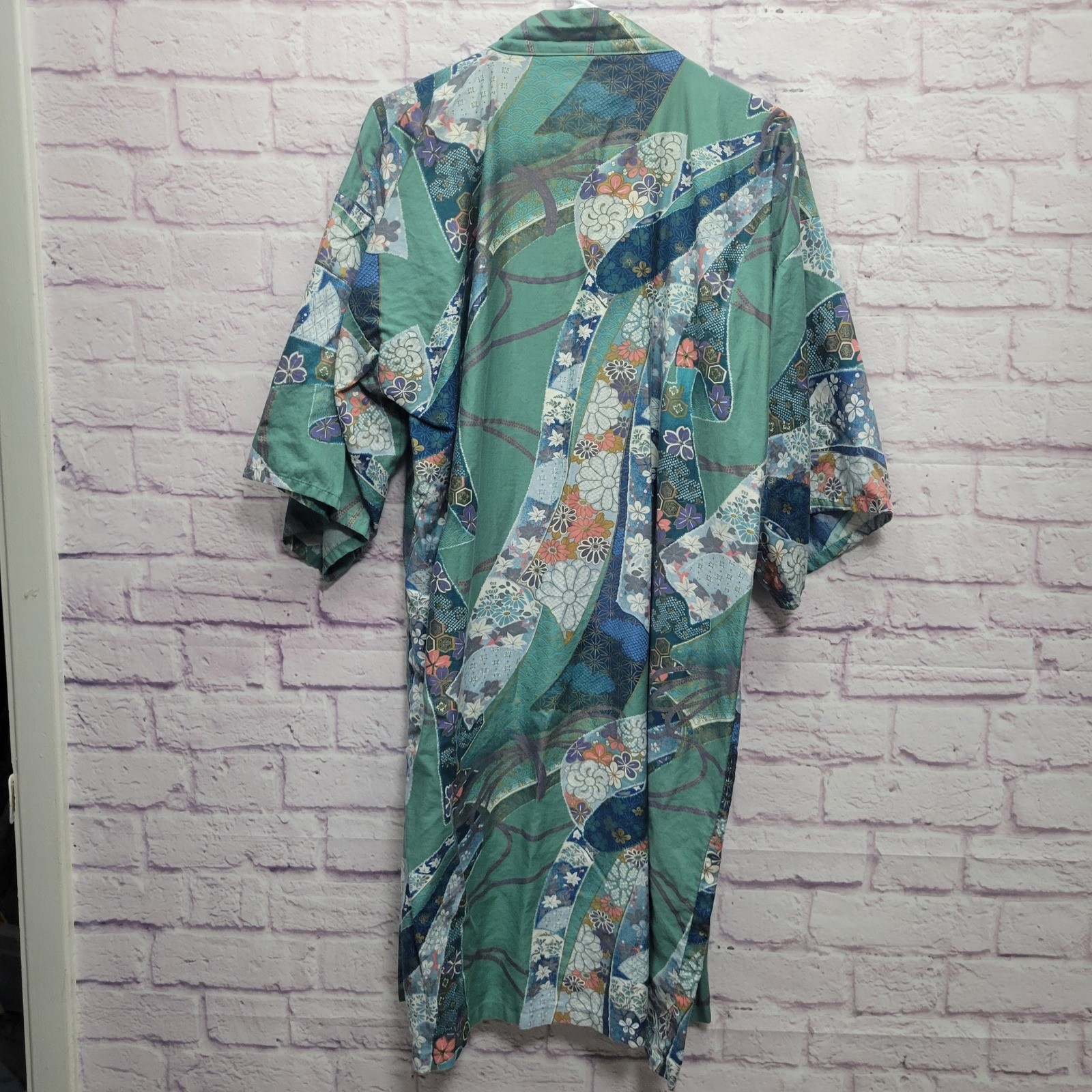 VTG Japanese Kimono Yakuta Robe Womens Sz 42 Traditional Blue Patchwork Floral