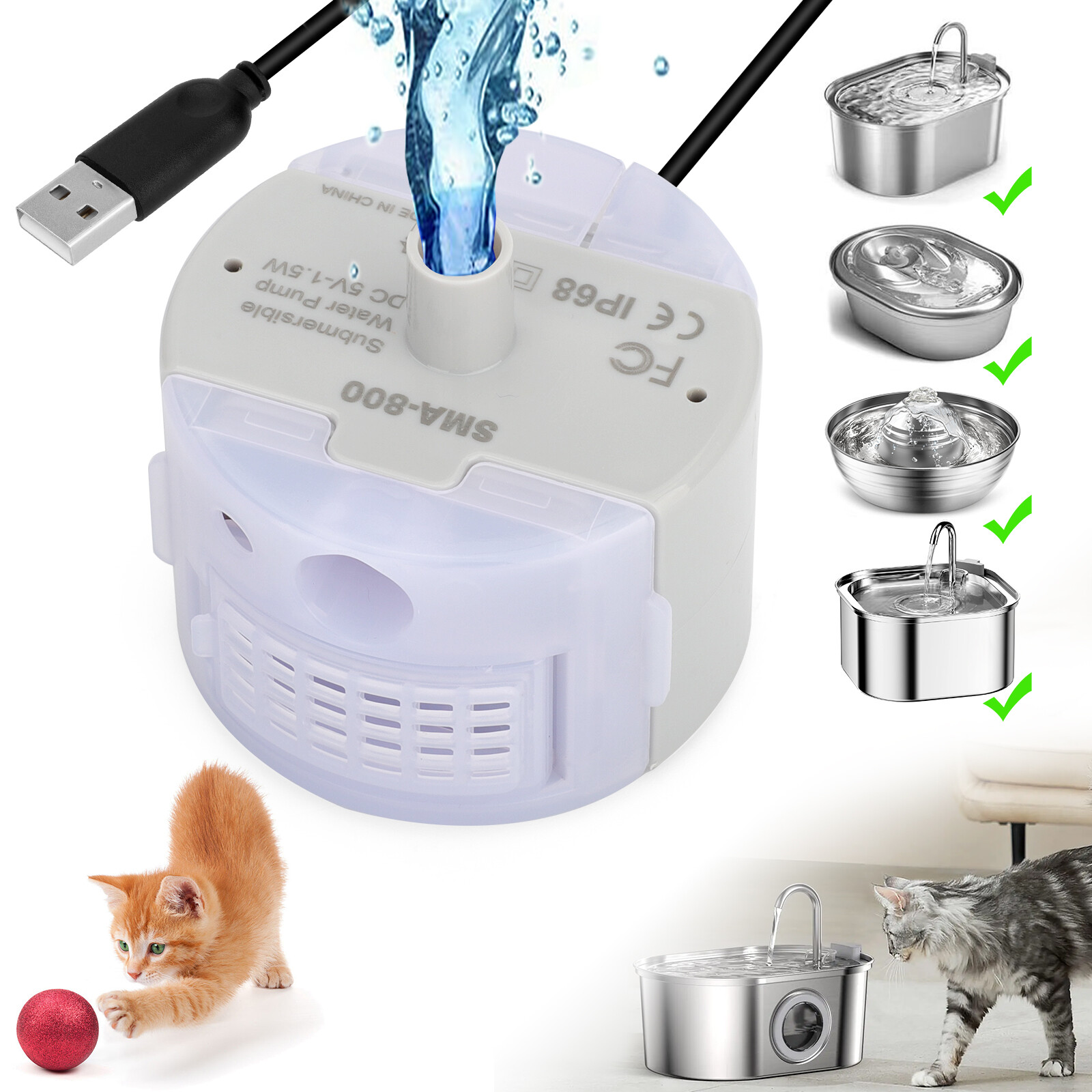 Upgraded Pet Water Fountain Pump Replacement Quiet USB Motor for Cat Dispenser