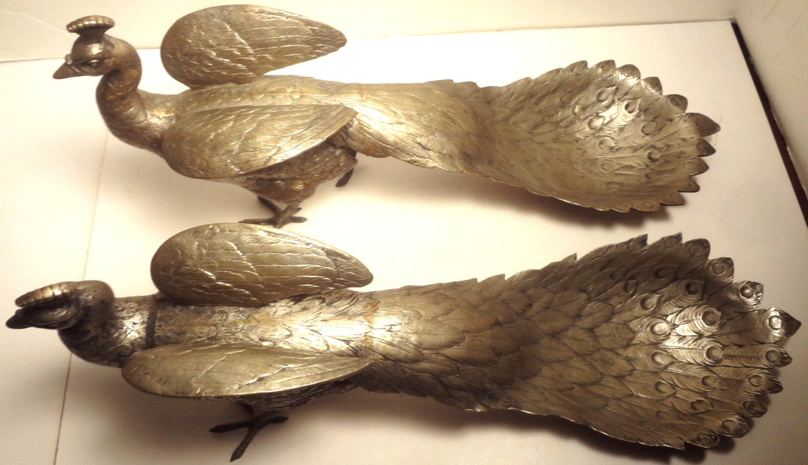 PR. ANTIQUE GERMAN SILVER full figure PEACOCK BON-BON serving TRAYS- HALLMARKED