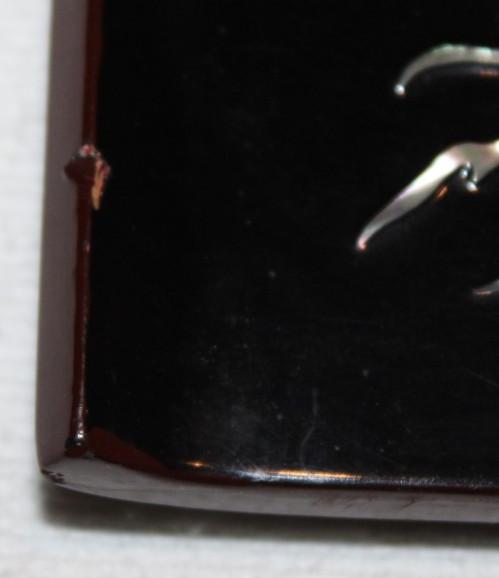 VTG black lacquer cigarette box w/ lid tortoise & the hare race MOP inlay RARE