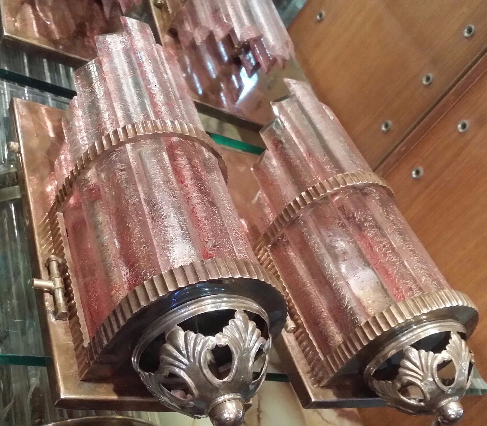 PAIR SKYSCRAPER ART DECO METRO LIGHT WALL SCONCES COPPER CAMEO GLASS SHIP LAMP