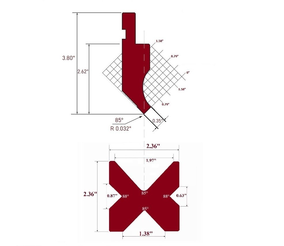 NEW 12" European Type Press Brake Punch (Height: 2.62") & 4-Way Dies (2.36" sq)