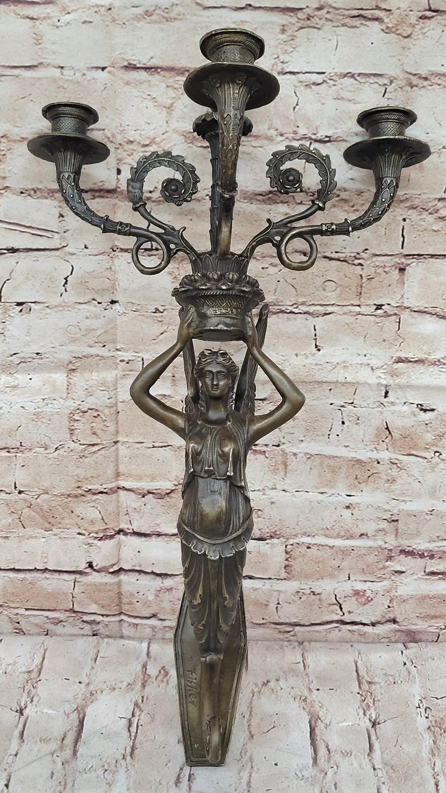Wall Mounted Hanging Figural Female Bronze Metal Candle Holder Candelabra Sconce