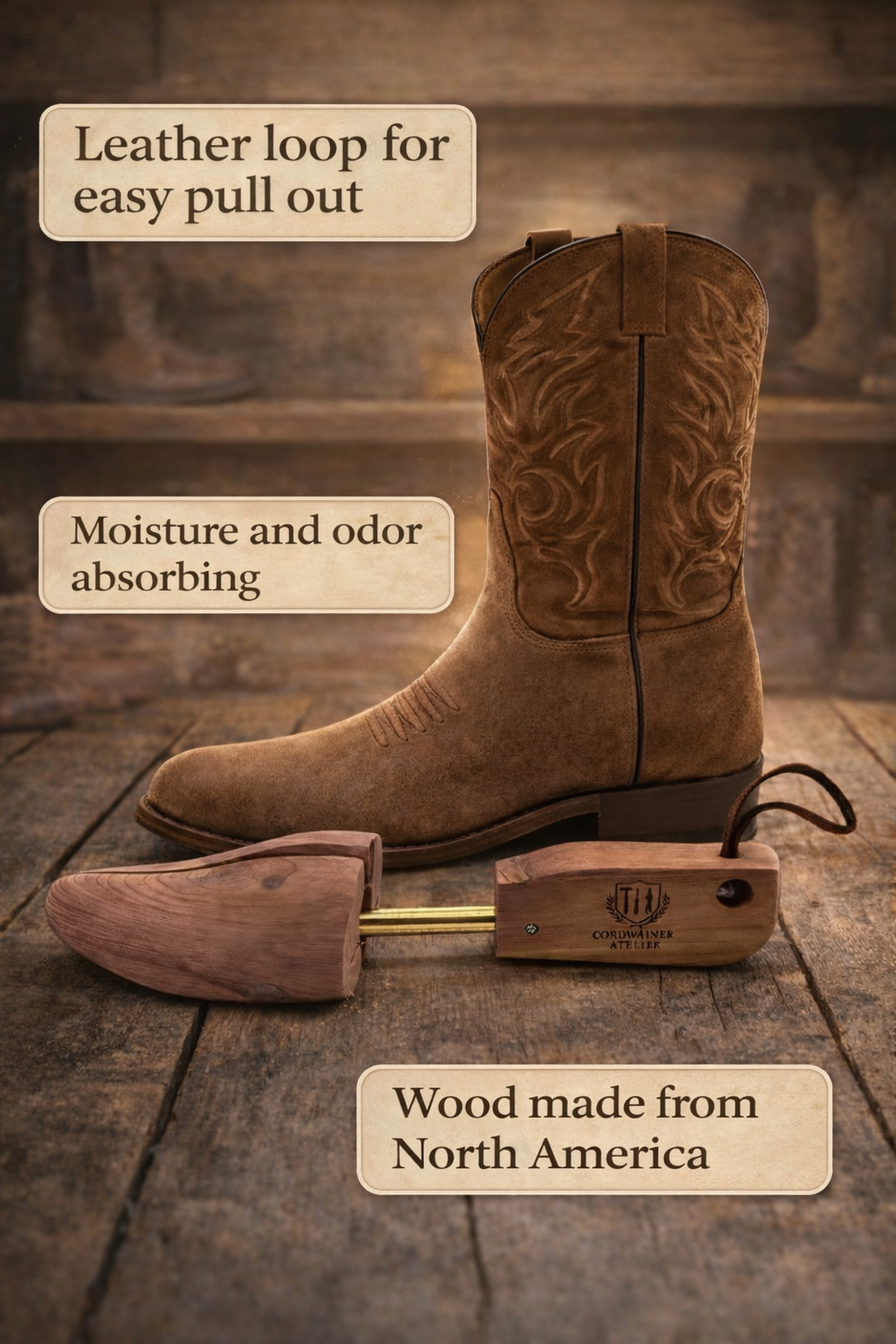 SHOE TREE - cedar wood - Cowboy boots/western boot shaper - aromatic - loop