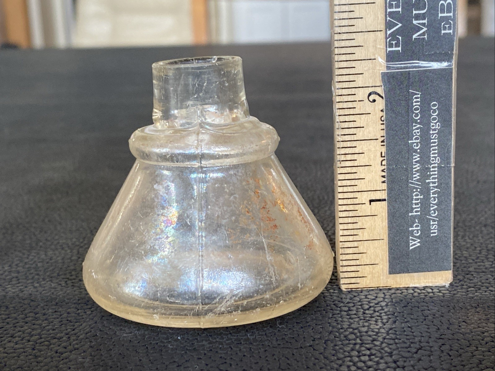 Antique Iridescent Clear Sheered Lip Cone Ring Shoulder 19th C Ink Well Bottle