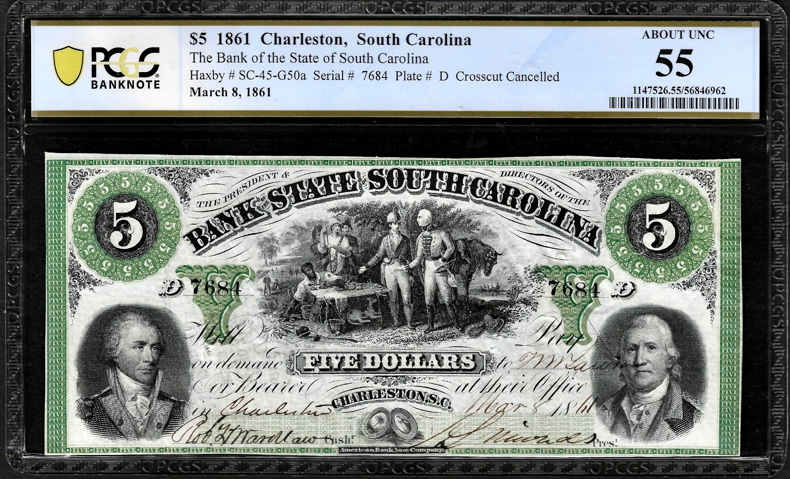 March 8, 1861 Charleston South Carolina Obsolete Banknote $5 Note G50a PCGS AU55