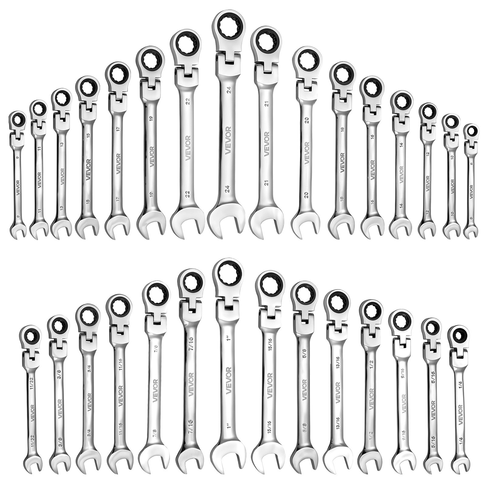 VEVOR Flex-Head Ratcheting Wrench Set Combination Wrench Set 30-Piece SAE Metric