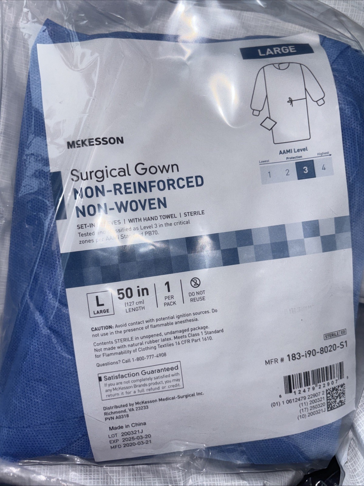 MCKESSON SURGICAL GOWN REINFORCED NON WOVEN LARGE 50 L #183-I90-8020-S1 Exp.2025
