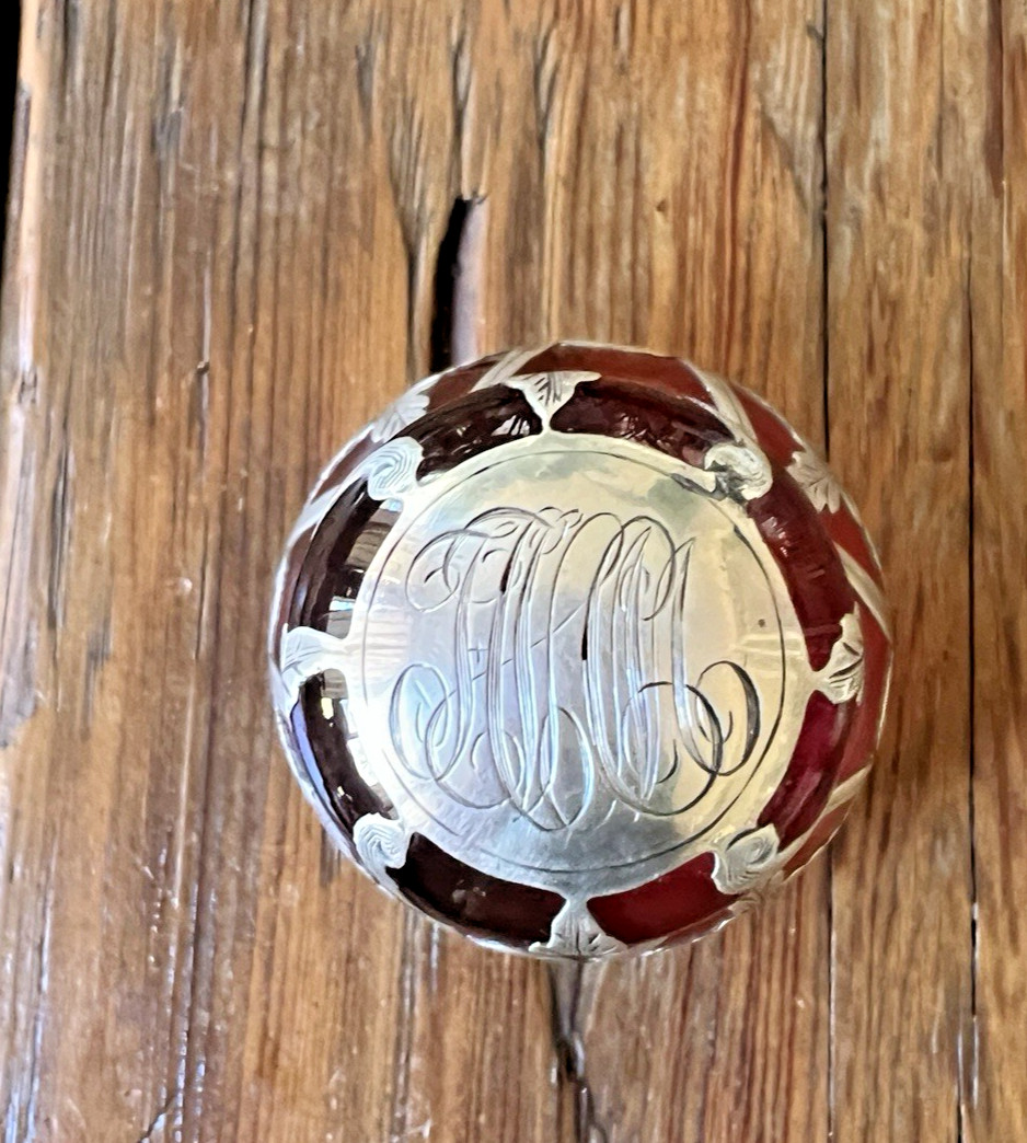 Gorham Perfume D952 Antique Art Nouveau Bottle American Red Glass Silver Overlay