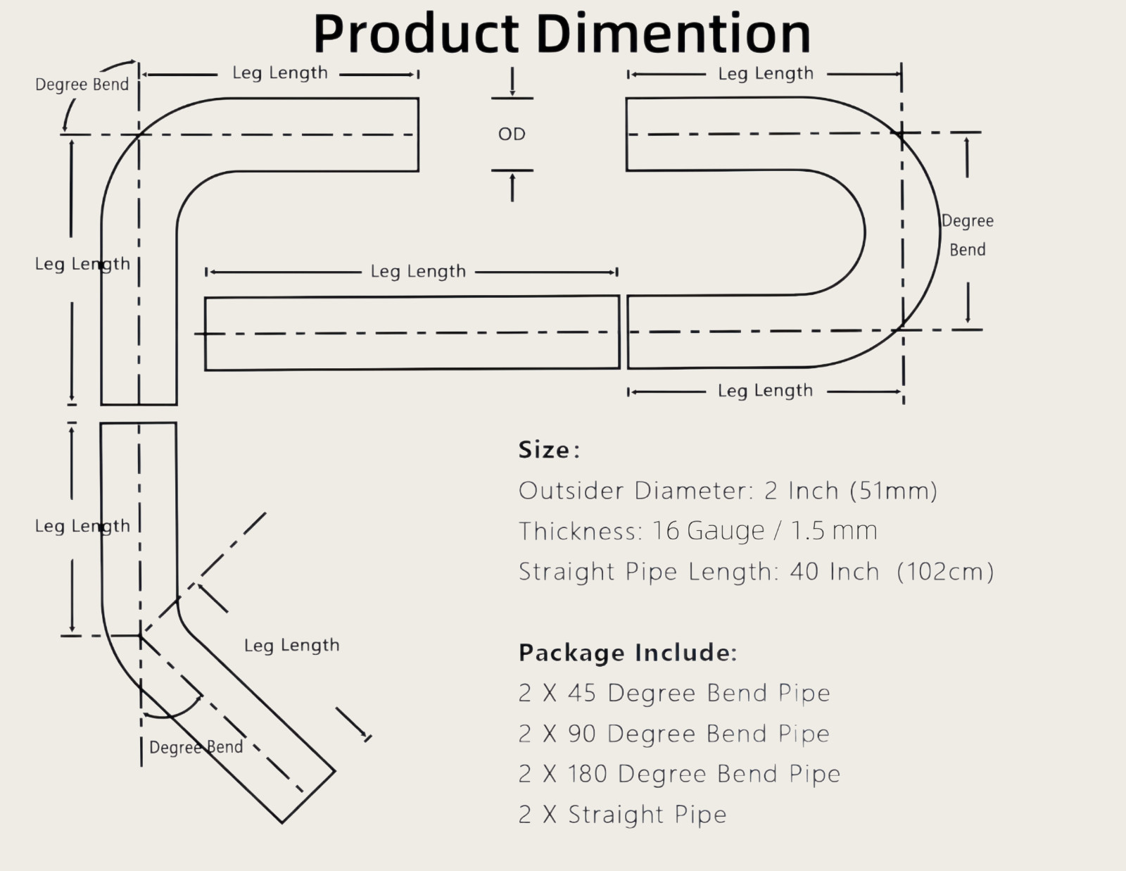 2.0" Stainless Exhaust Pipe Kit 8PCS Tubing Mandrel Bend Straight U 90° Custom