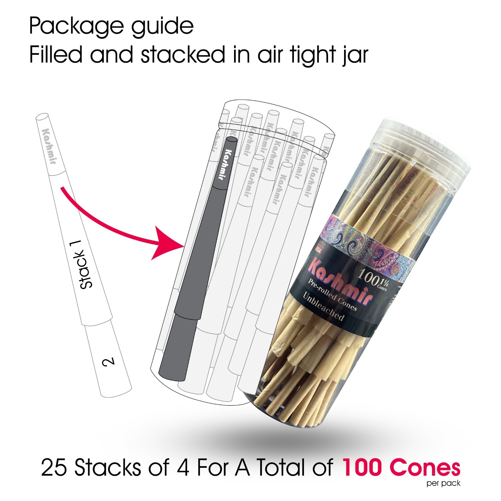 Kashmir Pre Rolled Cones 1 1/4 Size Unbleached Rolling Paper Cones Smooth 100 Ct