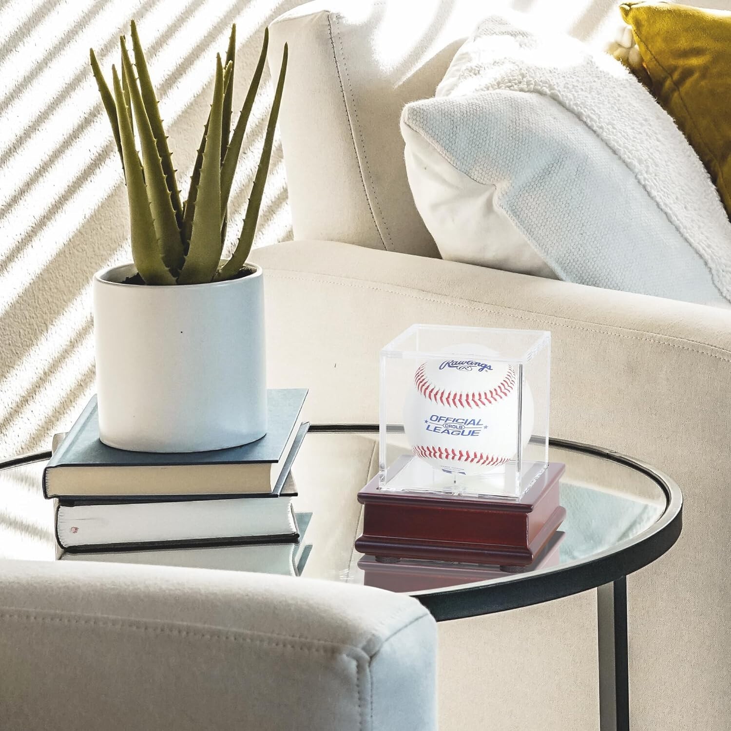 Baseball Holder Display Case Cube, Cherry Finish Wood Stand UV Protection Cube