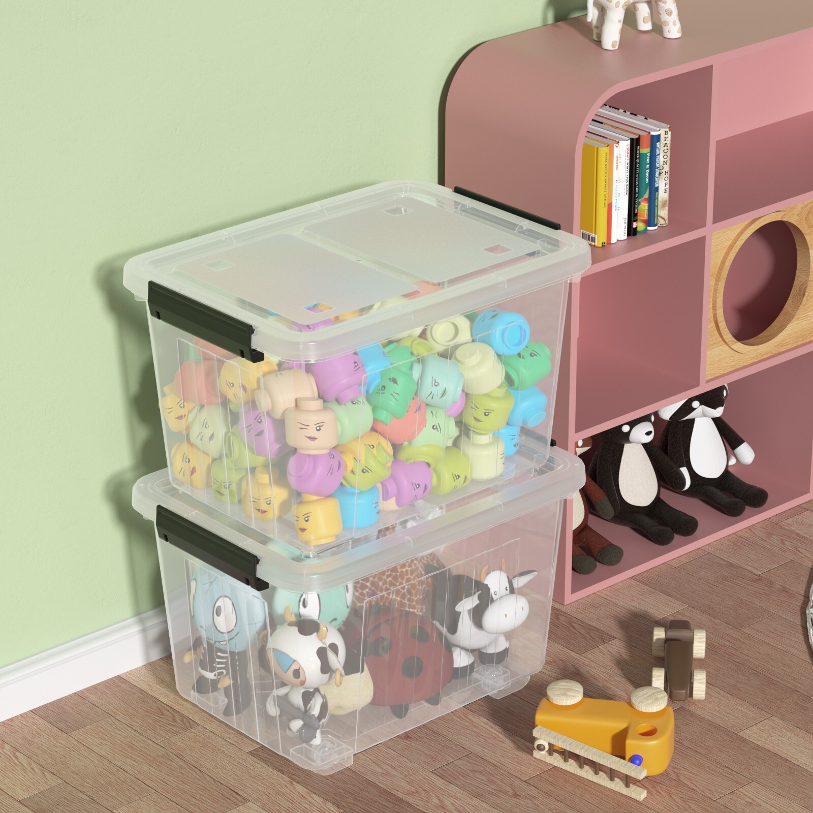 Kekow 30 Quart Gasket Box Stackable Storage Bin with Latching Lid &Wheels 4 Pack