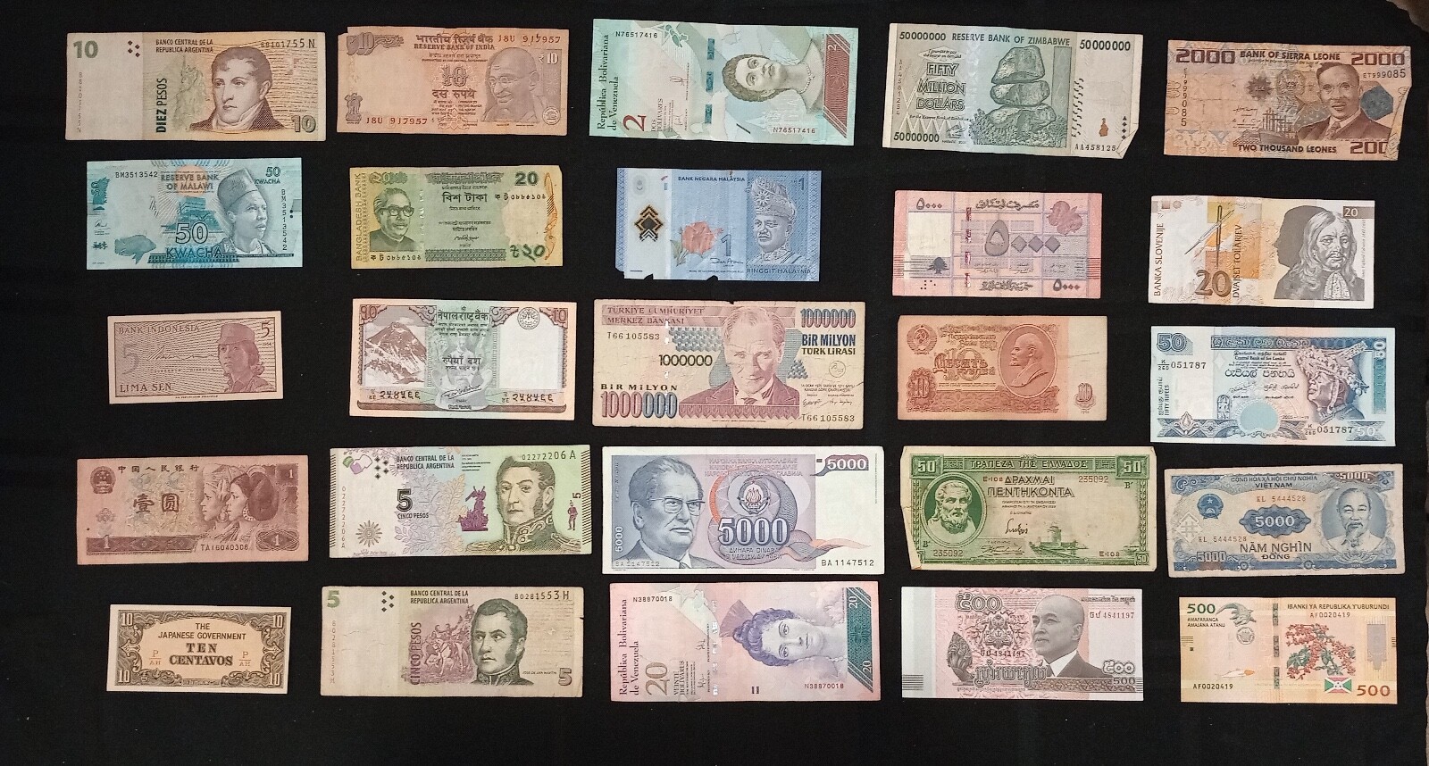 Circulated Lot of 25 Foreign Banknotes World Paper Money Currency Plus BONUS!