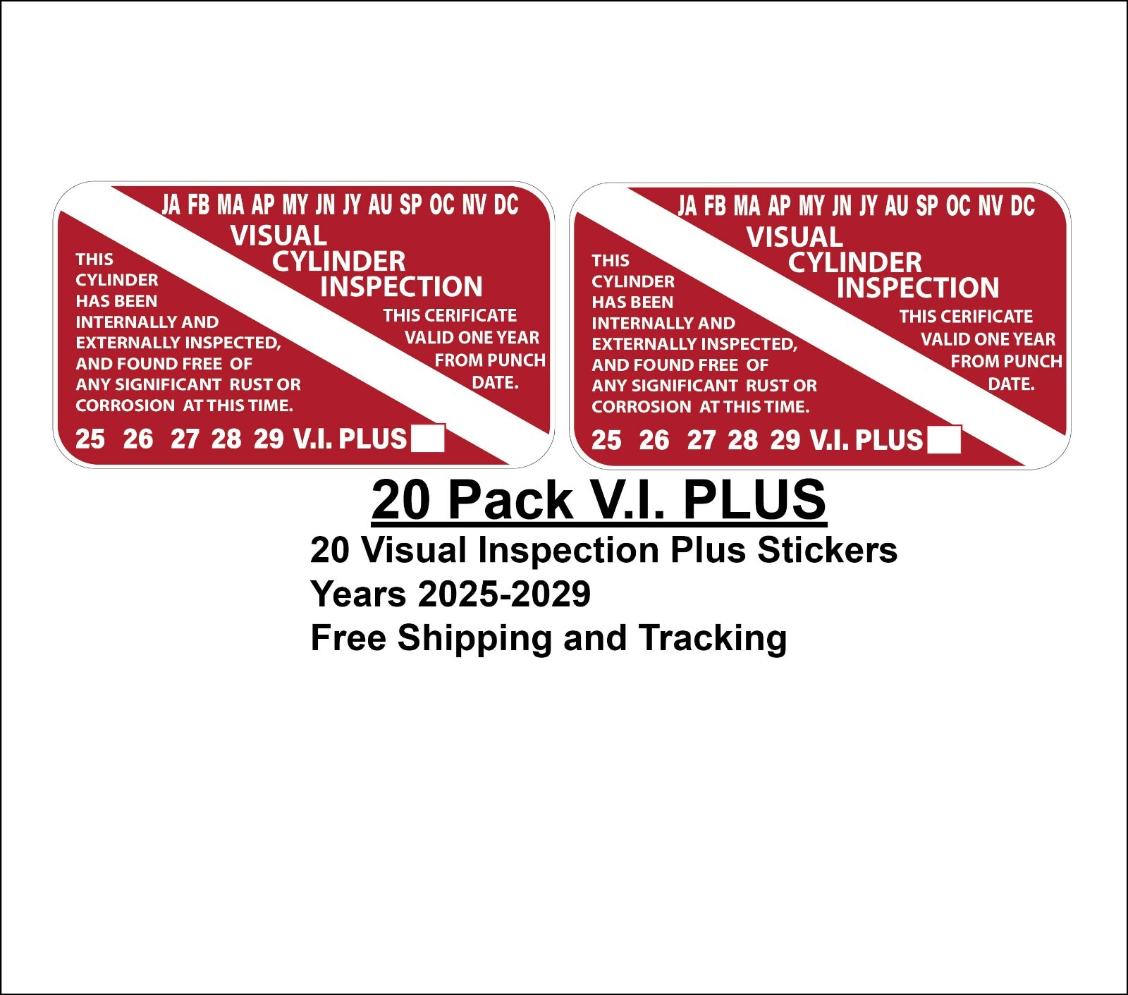 20 Pack of Scuba Tank Visual Inspection Stickers Years 2025-2029 1.75" x 3" P962
