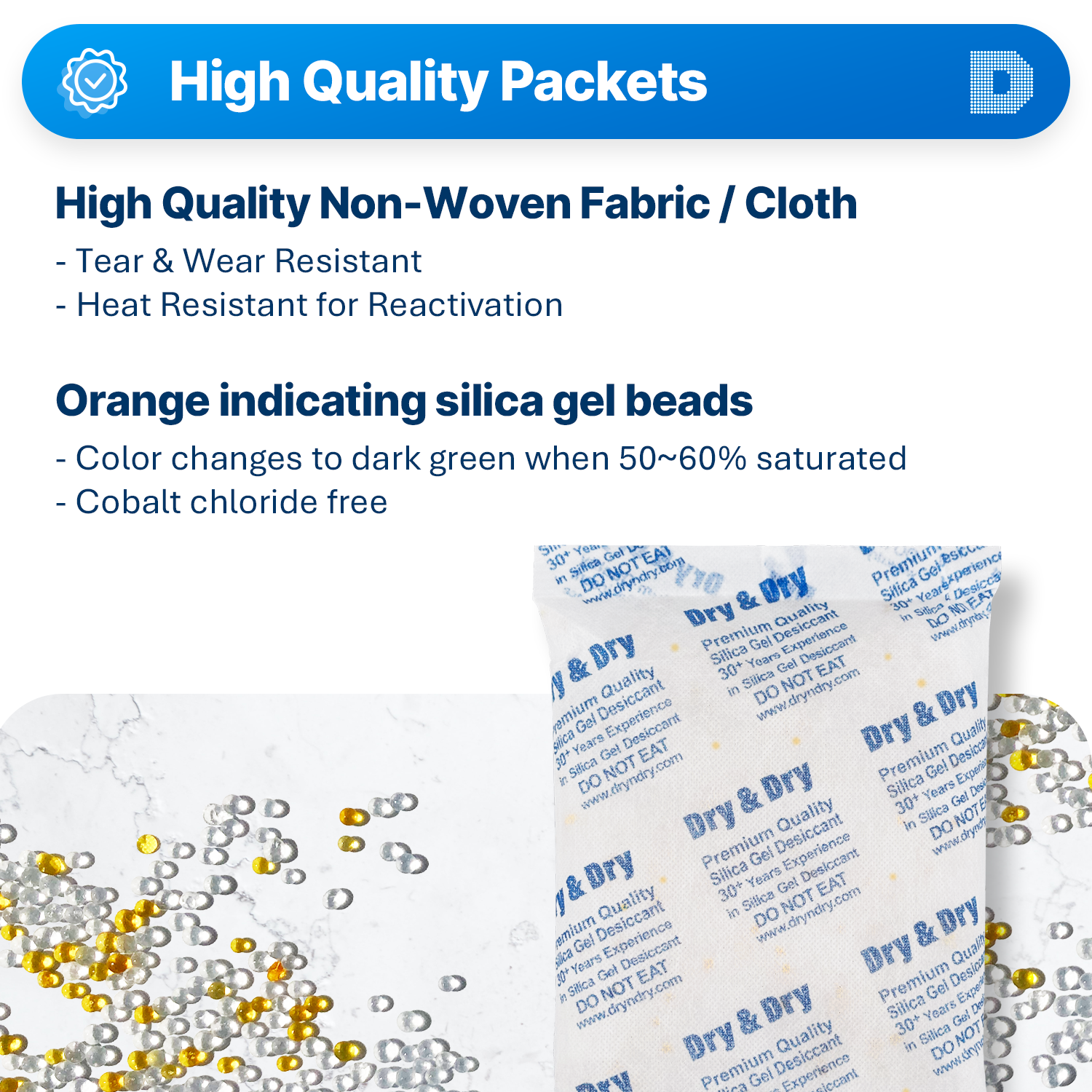 500 gram X 10 PK "Dry & Dry" Food Grade Orange Indicating Silica Gel Packets