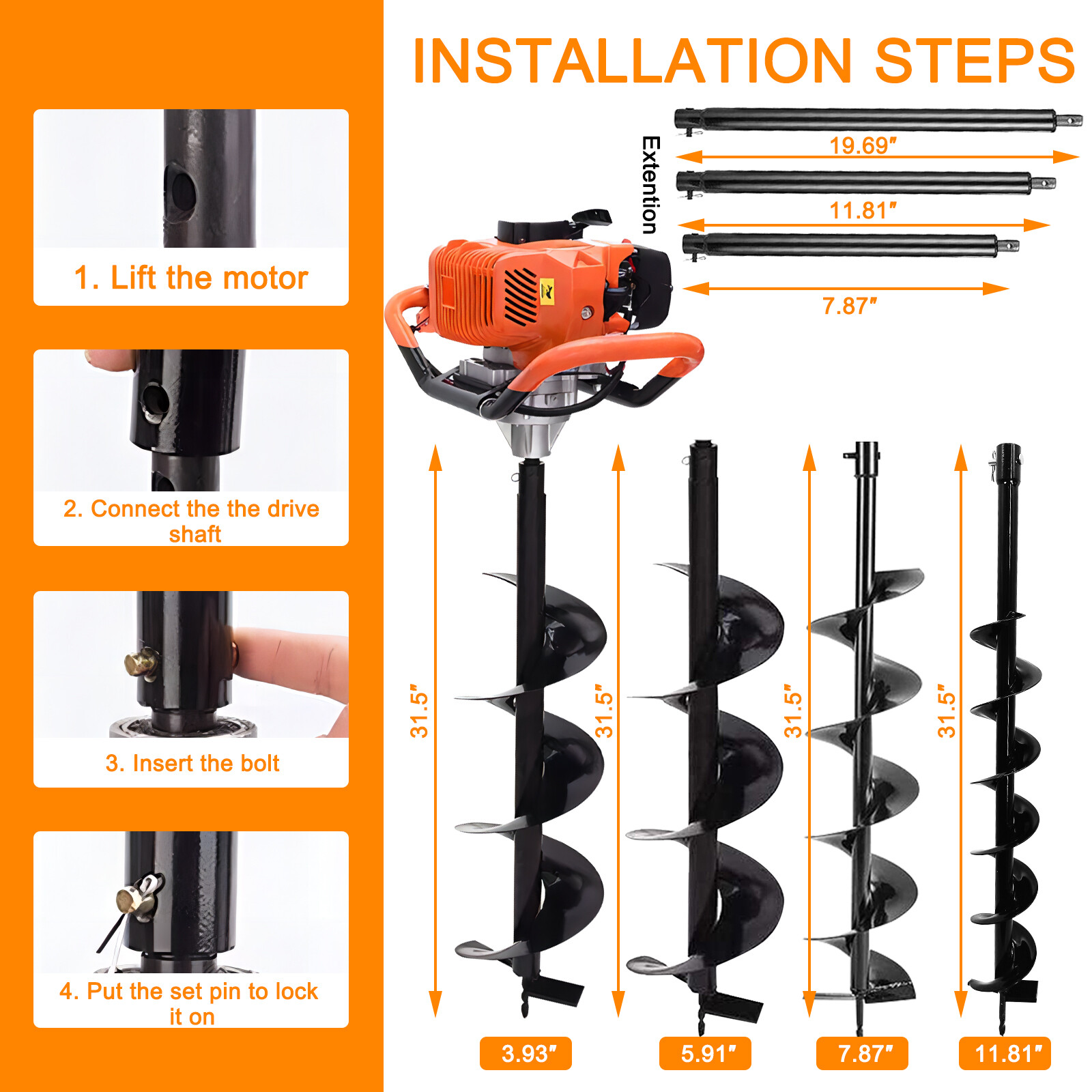 62CC Post Hole Digger Gas Powered Earth Auger Borer Ground + 4 Bits