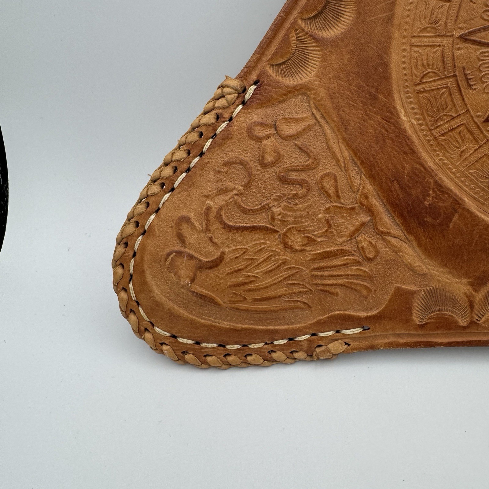 Vintage Hand Tooled Mexican Leather Aztec Calendar Tripod Saddle Stool Cover