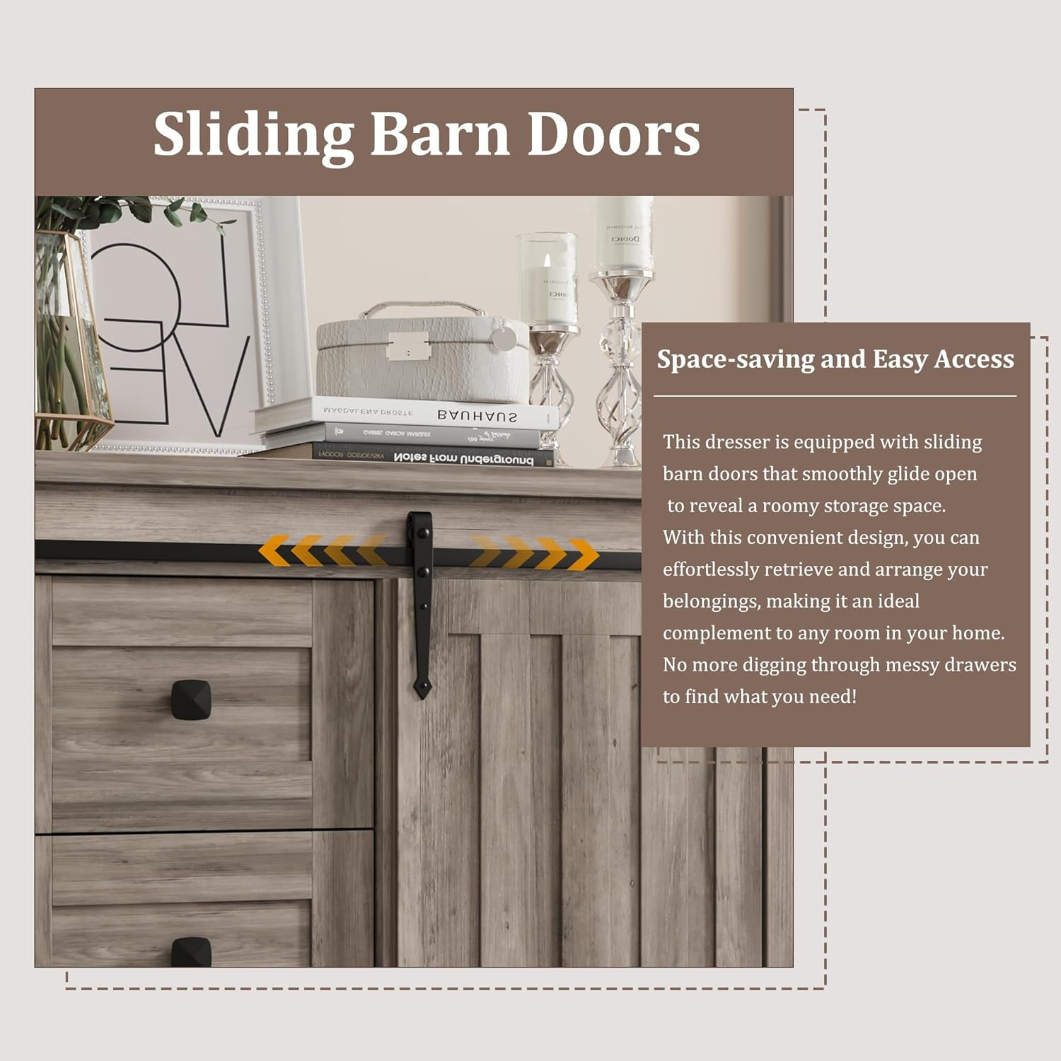 Rustic 5 Drawer Dresser with Barn Door & Adjustable Shelf - Grey Finish