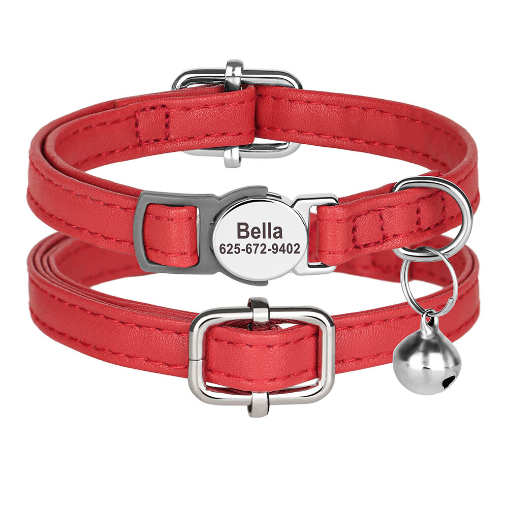 Personalized Cat Collar Puppy Kitten Engraved Name Tag Soft Leather Adjustable