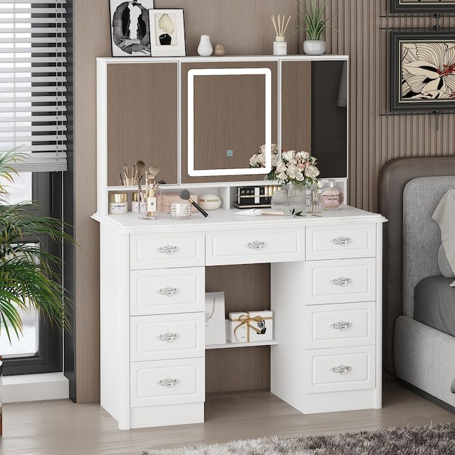 FUFU&GAGA 43.3-in White Makeup Vanity With Led Light