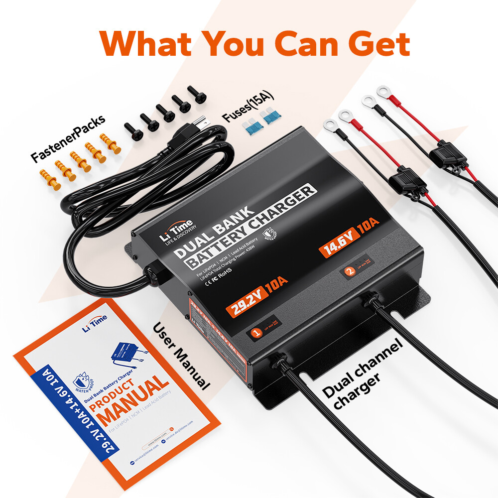 LiTime 14.6V/29.2V 10A Dual Bank Smart Battery Charger for LiFePO4 Lead Acid NCM