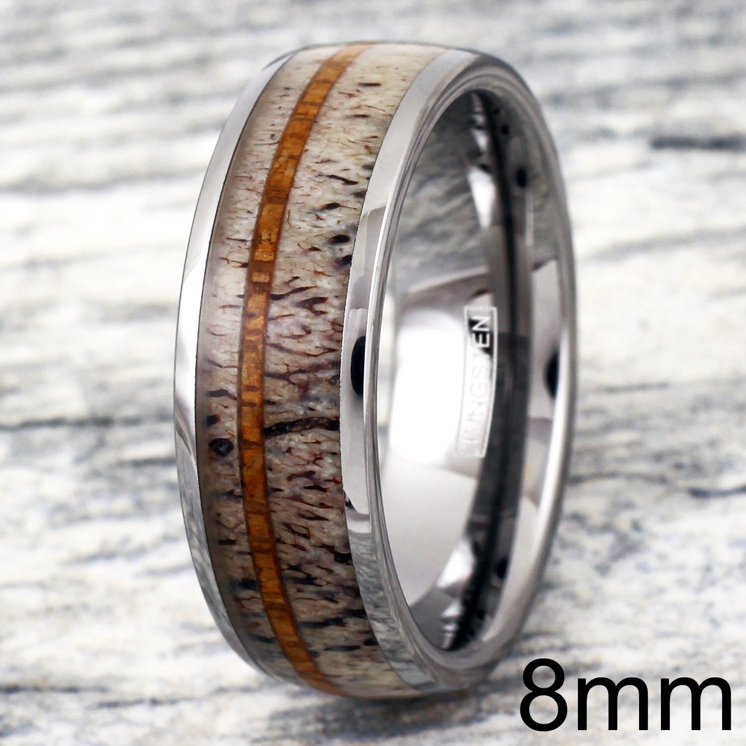 Engraved 8mm Tungsten Men's Deer Antler Hawaiian Koa Wood Wedding Band Ring