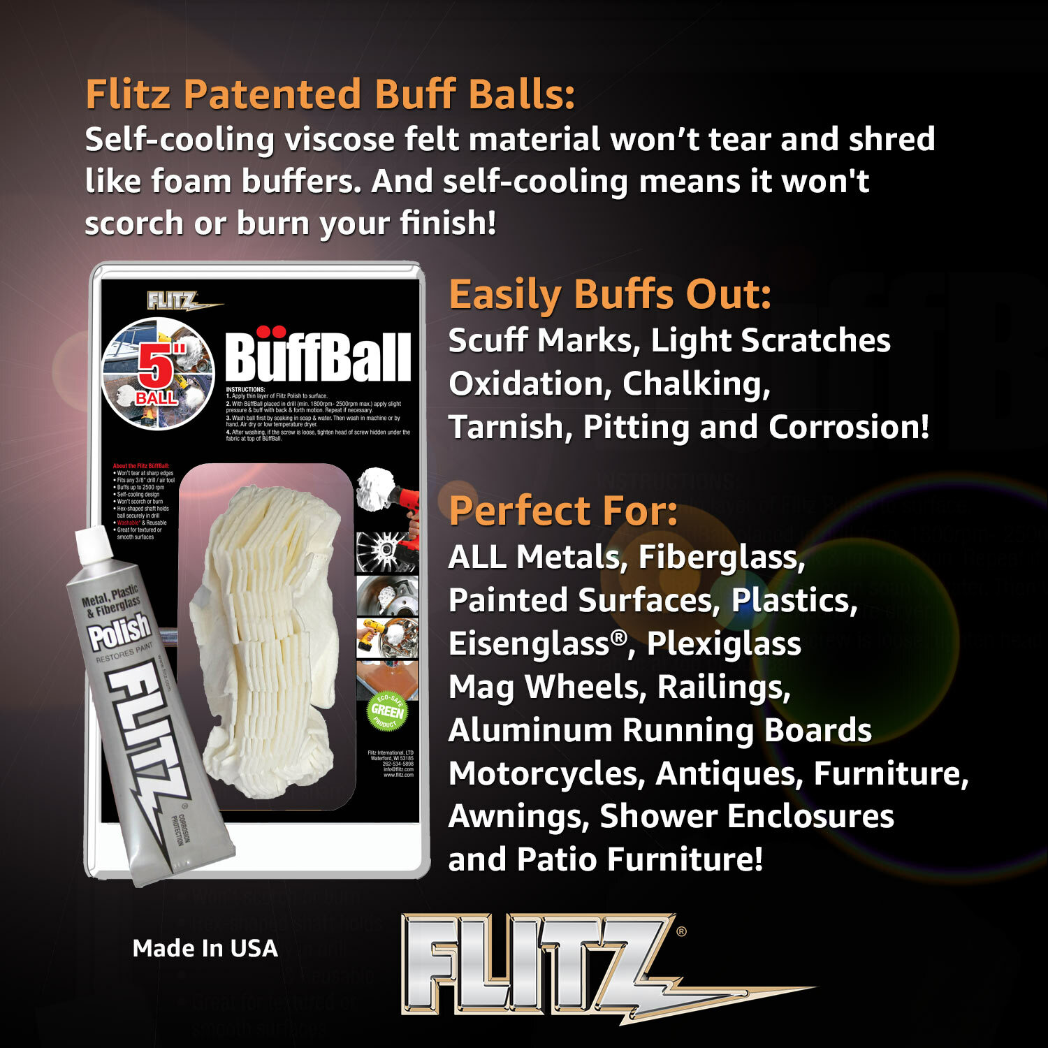 FLITZ LARGE 5" BUFF BALL With 1.76OZ TUBE FLITZ POLISH (SEE VIDEO)